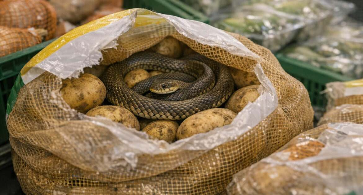 Un serpent surgit d’un sac de pommes de terre dans un supermarché